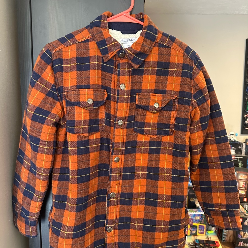 Tommy Bahama Orange and Navy Fleece Lined  Flannel Plaid Shirt / Jacket. Boys XL